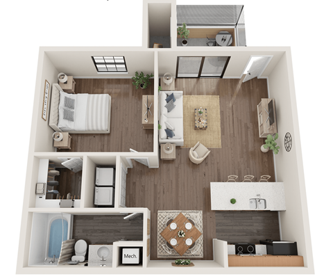 Floor plan for 1 bed, 1 bath, 700 sqft